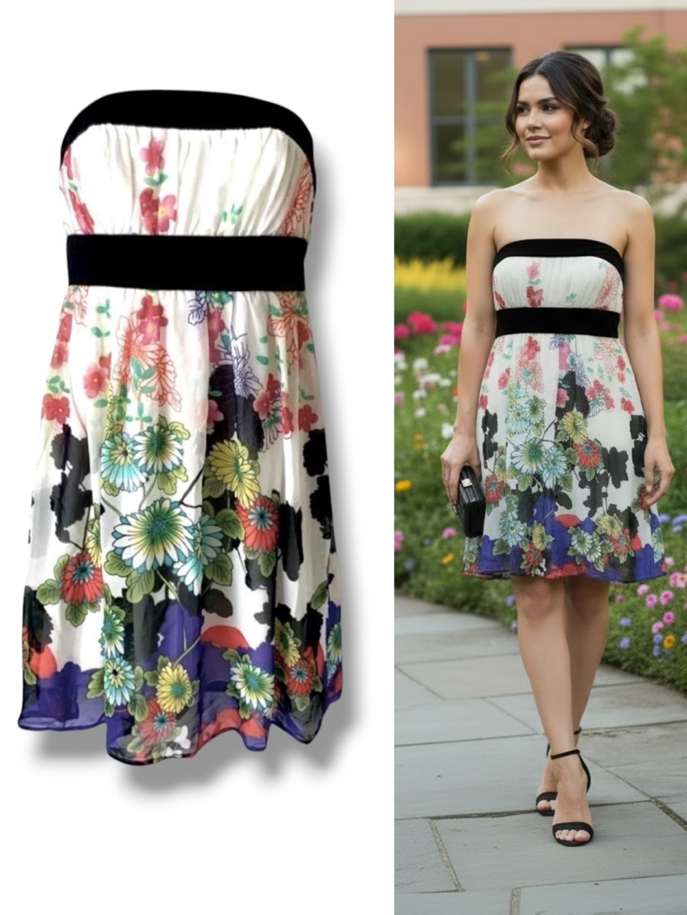 Vintage FOREVER 21 Floral Strapless Mini Dress Y2K Empire Waist Multicolor Small